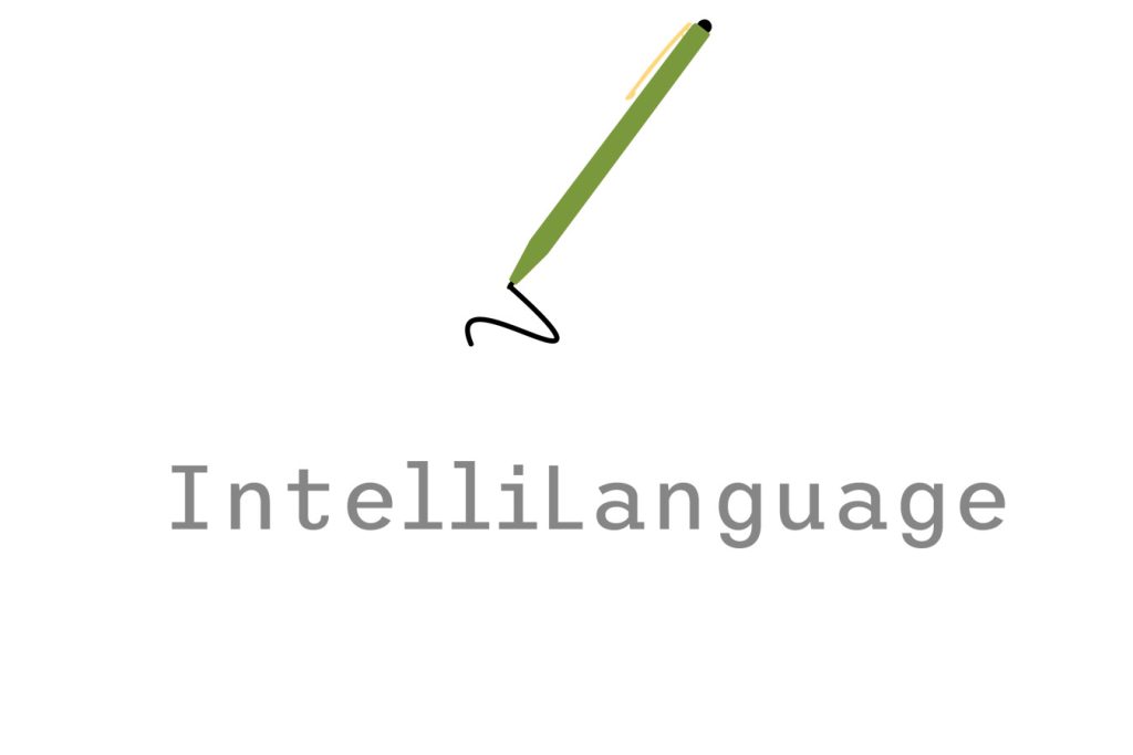 A logo of a green mechanical pencil writing and text reading IntelliLanguage.