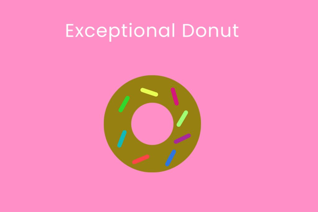 A logo of a chocolate donut with sprinkles and a pink background. Written is Exceptional Donut.